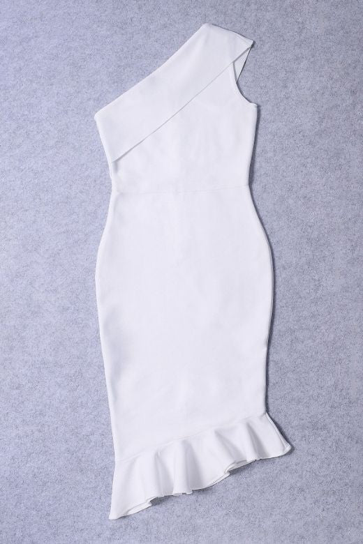 Woman wearing a figure flattering  Avery Bandage Dress - White Pearl BODYCON COLLECTION