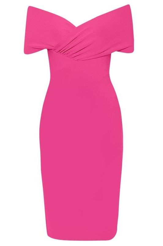 Woman wearing a figure flattering  Bea Bandage Dress - Hot Pink Bodycon Collection
