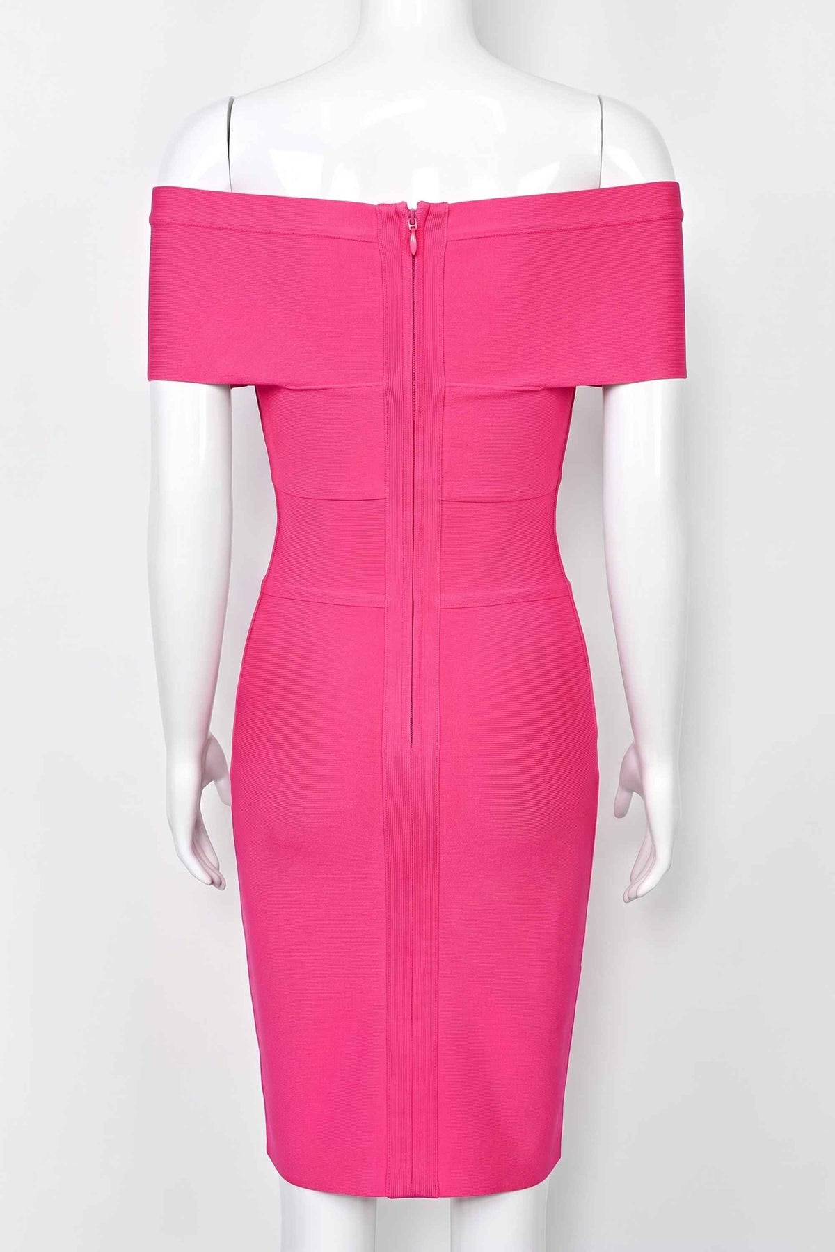 Woman wearing a figure flattering  Bea Bandage Dress - Hot Pink Bodycon Collection