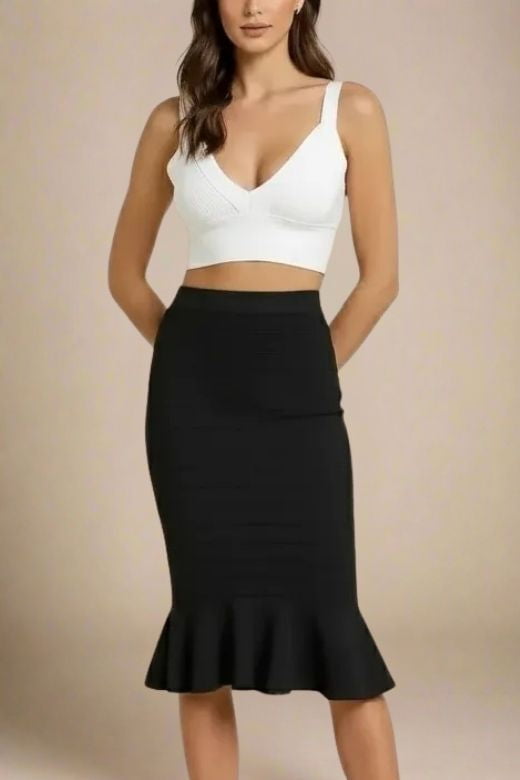 Woman wearing a figure flattering  Bee Bandage Crop Top - White Pearl BODYCON COLLECTION
