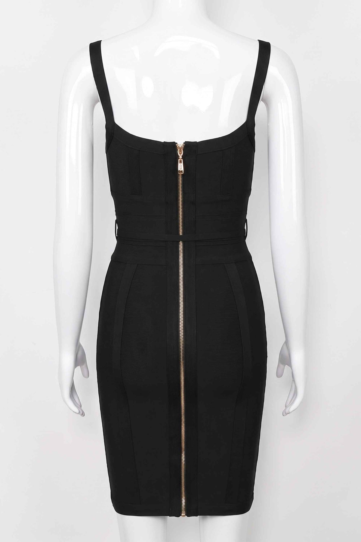 Woman wearing a figure flattering  Bek Bandage Dress - Classic Black Bodycon Collection