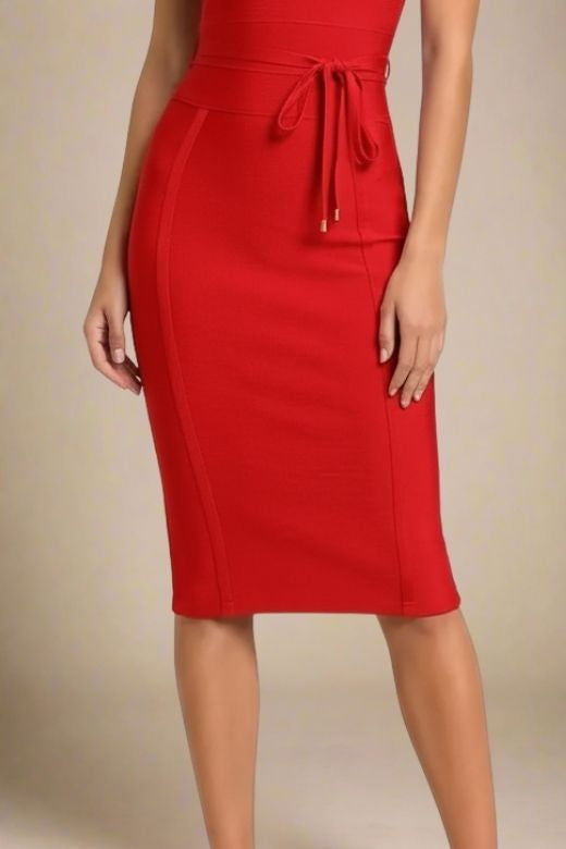Woman wearing a figure flattering  Bek Bandage Dress - Lipstick Red Bodycon Collection
