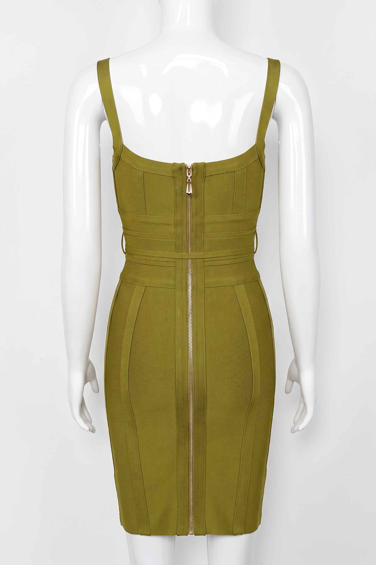 Woman wearing a figure flattering  Bek Bandage Dress - Olive Green Bodycon Collection