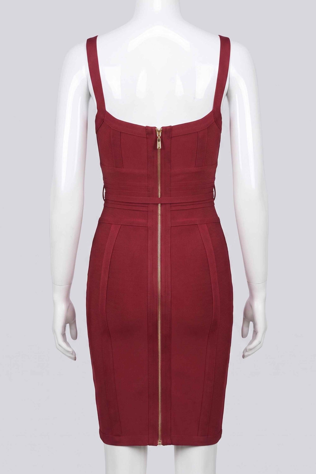 Woman wearing a figure flattering  Bek Bandage Dress - Red Wine Bodycon Collection