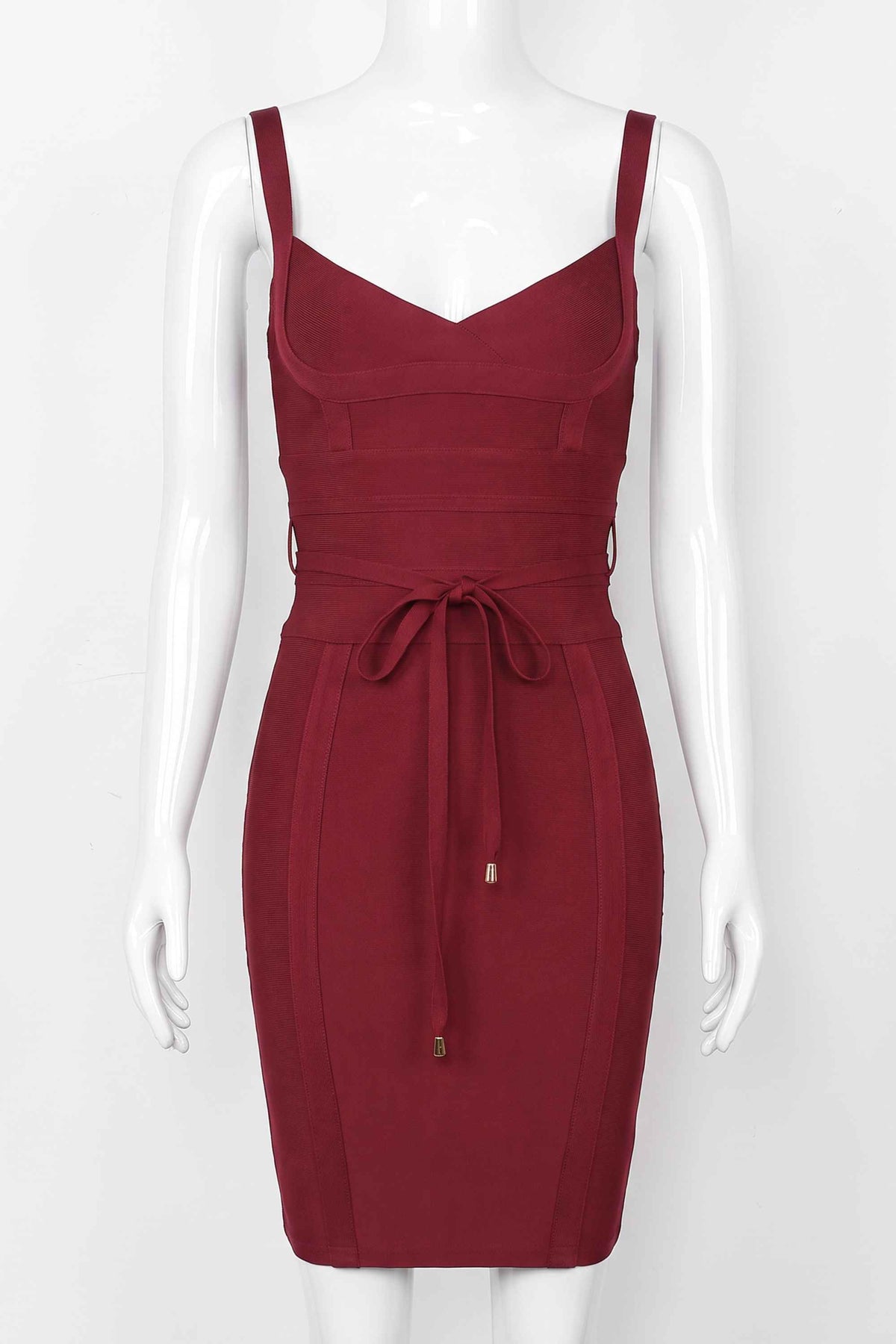 Woman wearing a figure flattering  Bek Bandage Dress - Red Wine Bodycon Collection