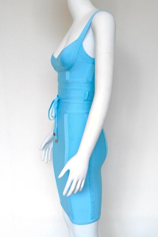 Woman wearing a figure flattering  Bek Bandage Dress - Sky Blue Bodycon Collection