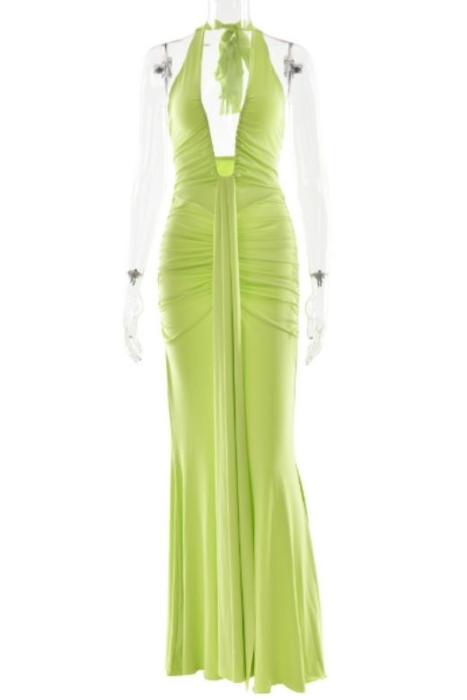 Woman wearing a figure flattering  Bella Bodycon Wrap Maxi Dress - Neon Green BODYCON COLLECTION Pty Ltd