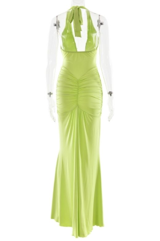 Woman wearing a figure flattering  Bella Bodycon Wrap Maxi Dress - Neon Green BODYCON COLLECTION Pty Ltd
