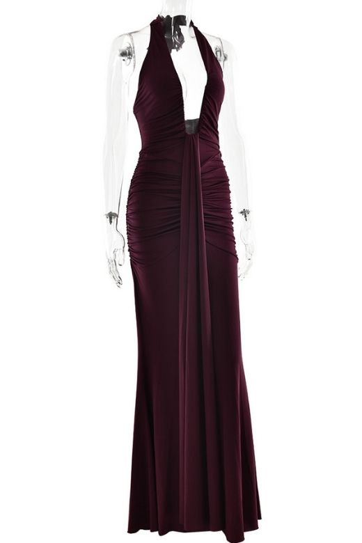 Woman wearing a figure flattering  Bella Bodycon Wrap Maxi Dress - Red Wine BODYCON COLLECTION Pty Ltd