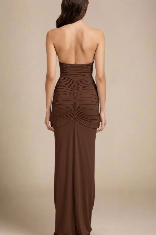 Woman wearing a figure flattering  Bella Bodycon Wrap Maxi Dress - Tan Brown BODYCON COLLECTION Pty Ltd