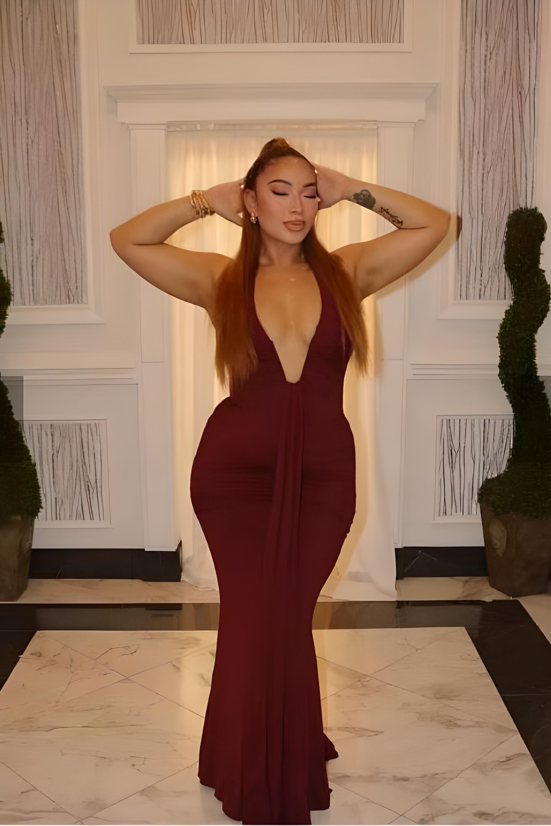 Woman wearing a figure flattering  Bella Bodycon Wrap Maxi Dress - Violet BODYCON COLLECTION Pty Ltd