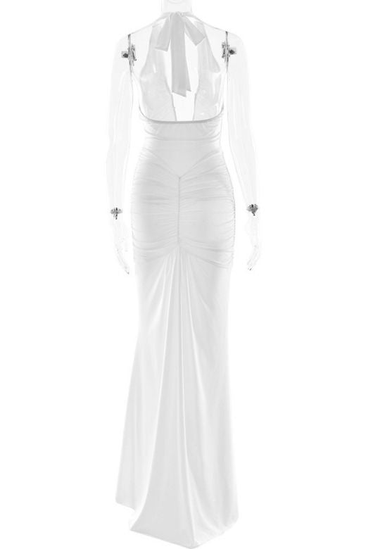 Woman wearing a figure flattering  Bella Bodycon Wrap Maxi Dress - White Pearl BODYCON COLLECTION Pty Ltd