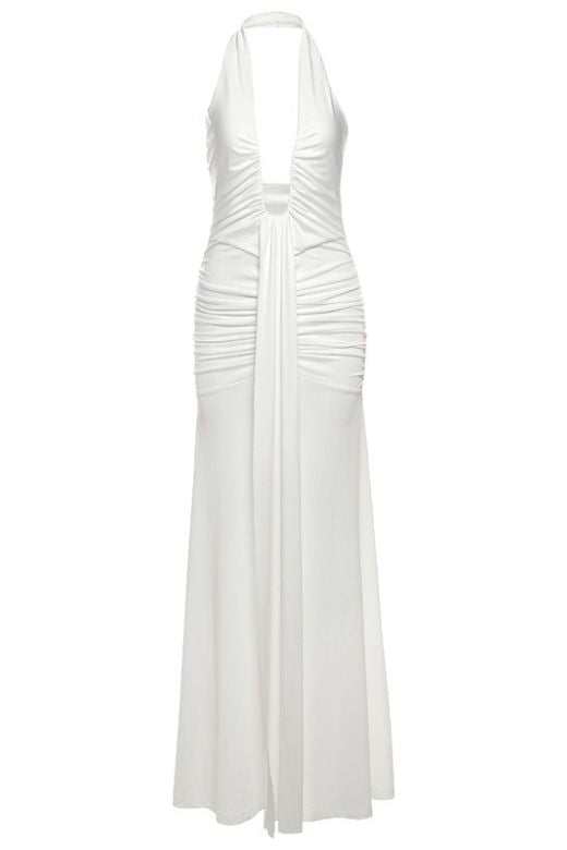 Woman wearing a figure flattering  Bella Bodycon Wrap Maxi Dress - White Pearl BODYCON COLLECTION Pty Ltd