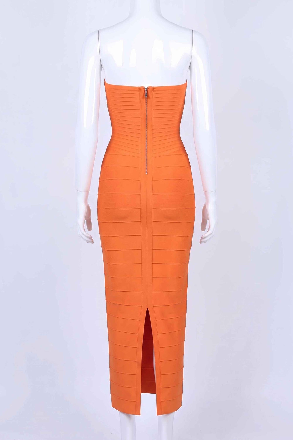 Woman wearing a figure flattering  Belle Bandage Maxi Dress - Apricot Orange BODYCON COLLECTION Pty Ltd