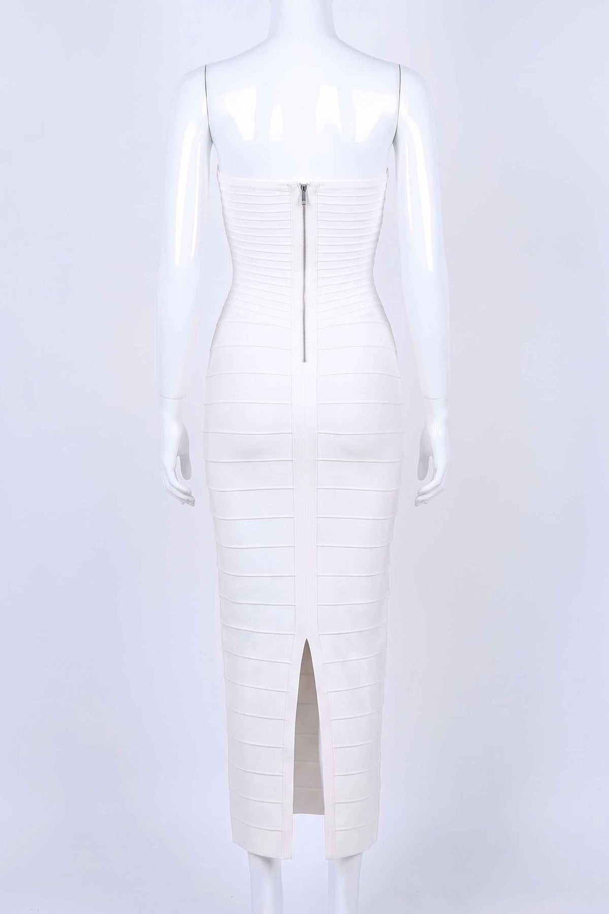 Woman wearing a figure flattering  Belle Bandage Maxi Dress - White Pearl BODYCON COLLECTION Pty Ltd