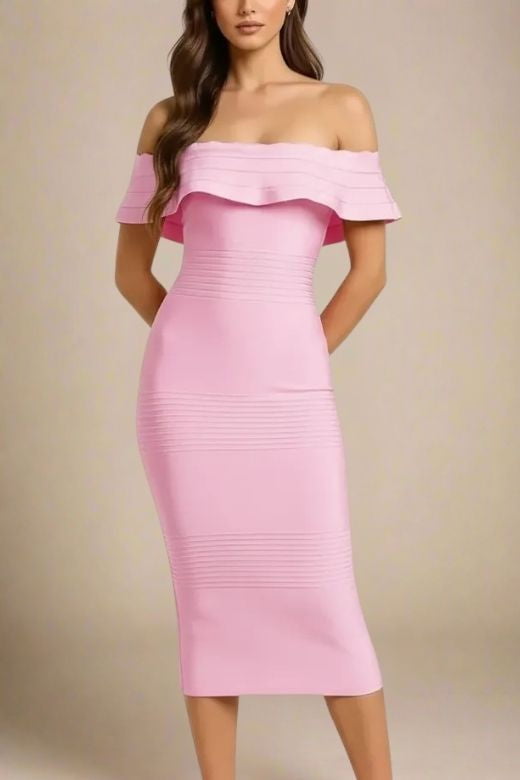 Woman wearing a figure flattering  Billie Bandage Midi Dress - Dusty Pink Bodycon Collection