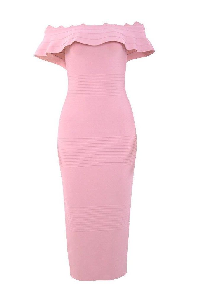 Woman wearing a figure flattering  Billie Bandage Midi Dress - Dusty Pink Bodycon Collection