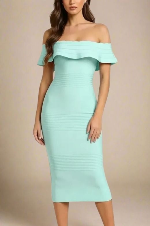 Woman wearing a figure flattering  Billie Bandage Midi Dress - Mint Green Bodycon Collection