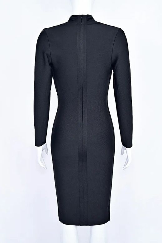 Woman wearing a figure flattering  Blaire Long Sleeve Bandage Dress - Classic Black BODYCON COLLECTION