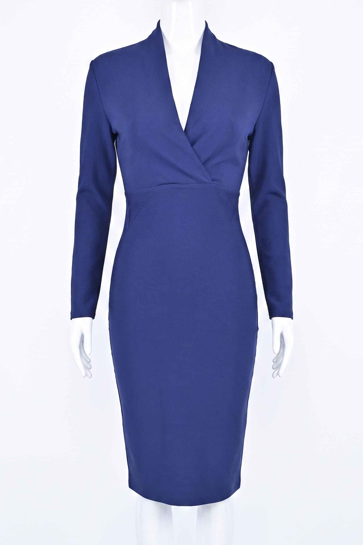 Woman wearing a figure flattering  Blaire Long Sleeve Bandage Dress - Navy Blue BODYCON COLLECTION