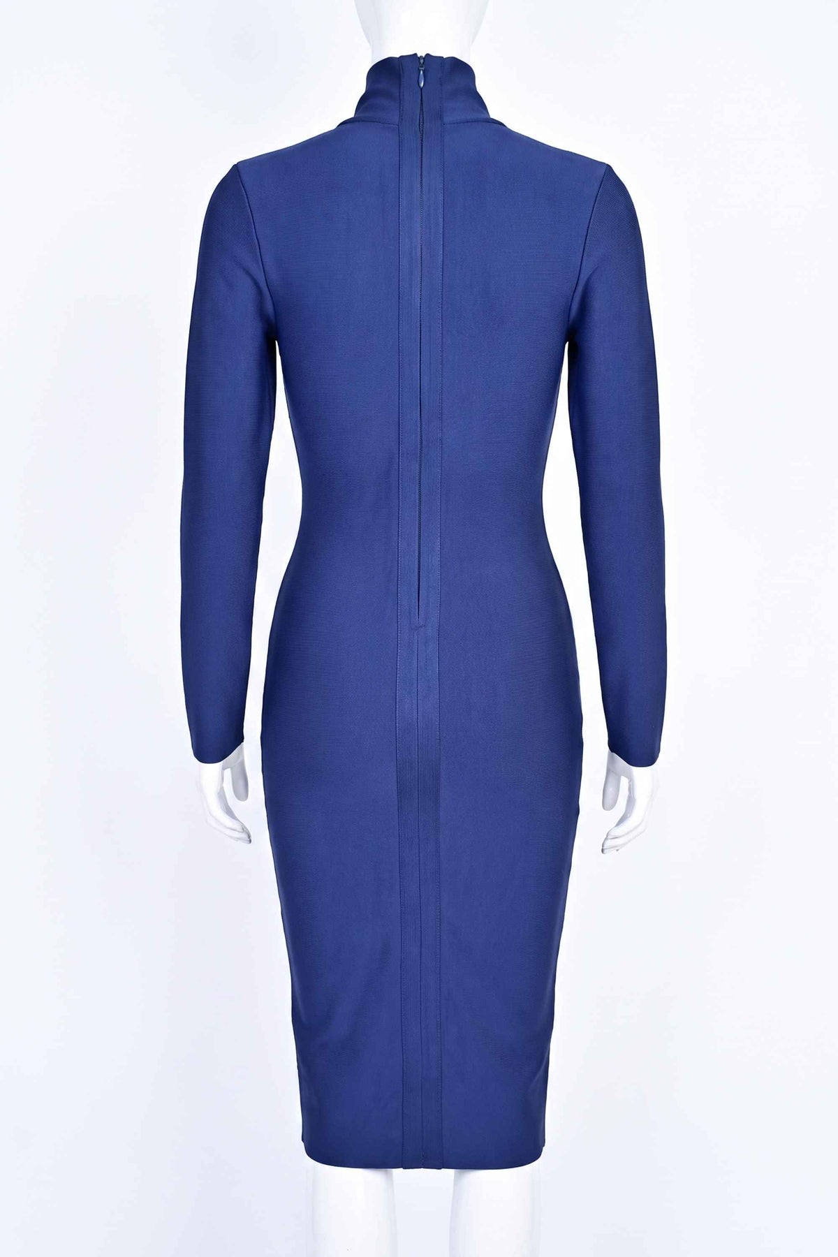 Woman wearing a figure flattering  Blaire Long Sleeve Bandage Dress - Navy Blue BODYCON COLLECTION