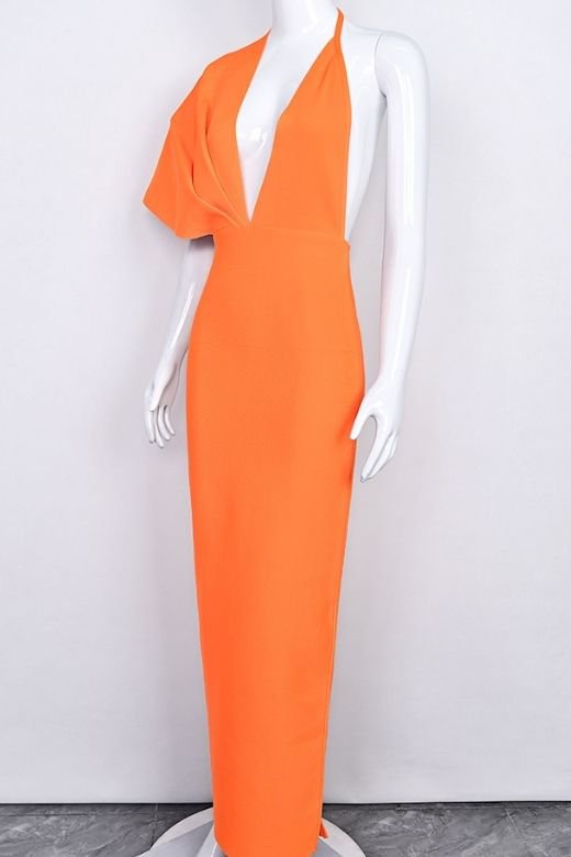 Woman wearing a figure flattering  Blake Bandage Maxi Dress - Apricot Orange BODYCON COLLECTION