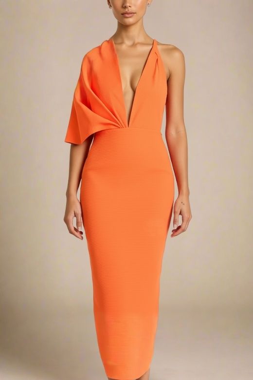 Woman wearing a figure flattering  Blake Bandage Maxi Dress - Apricot Orange BODYCON COLLECTION