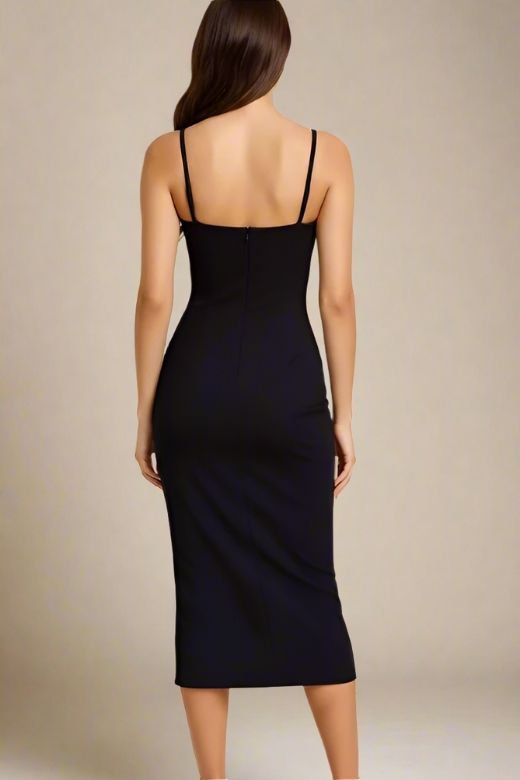 Woman wearing a figure flattering  Blanche Bandage Midi Dress - Classic Black BODYCON COLLECTION