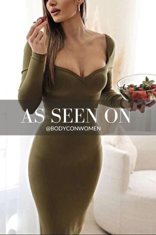 Woman wearing a figure flattering  Blanche Long Sleeve Bandage Midi Dress - Olive Green BODYCON COLLECTION