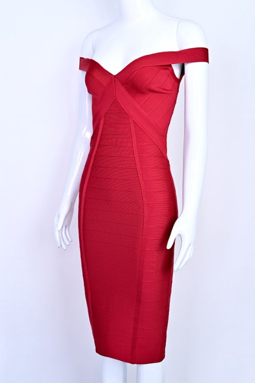 Woman wearing a figure flattering  Breanna Bandage Dress - Chilli Red BODYCON COLLECTION