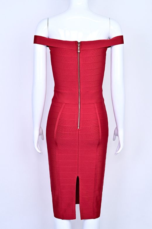 Woman wearing a figure flattering  Breanna Bandage Dress - Chilli Red BODYCON COLLECTION