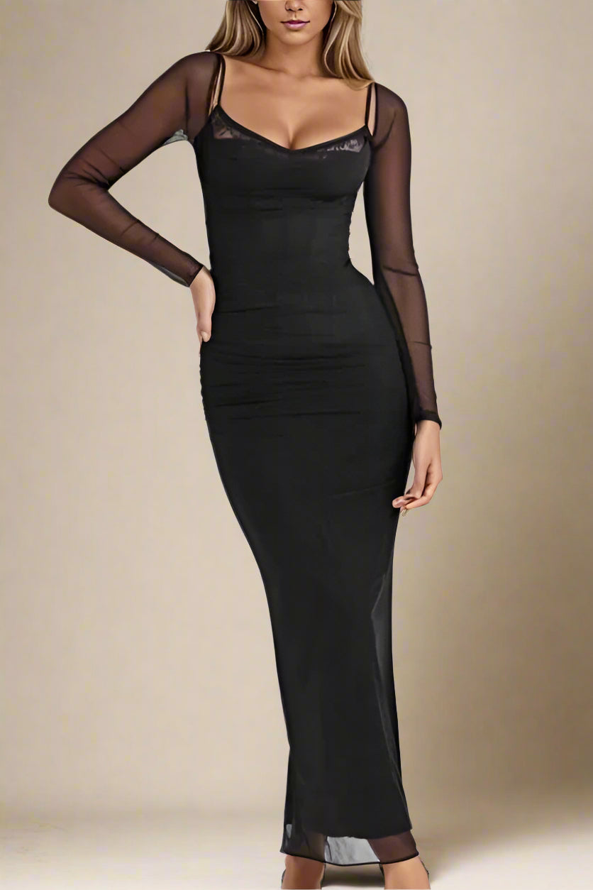 Woman wearing a figure flattering  Brianna Bodycon Long Sleeve Maxi Dress - Classic Black BODYCON COLLECTION