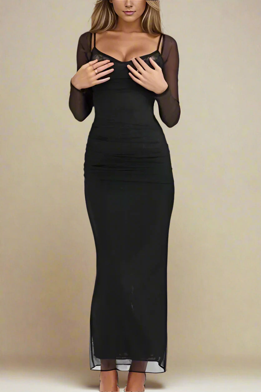 Woman wearing a figure flattering  Brianna Bodycon Long Sleeve Maxi Dress - Classic Black BODYCON COLLECTION