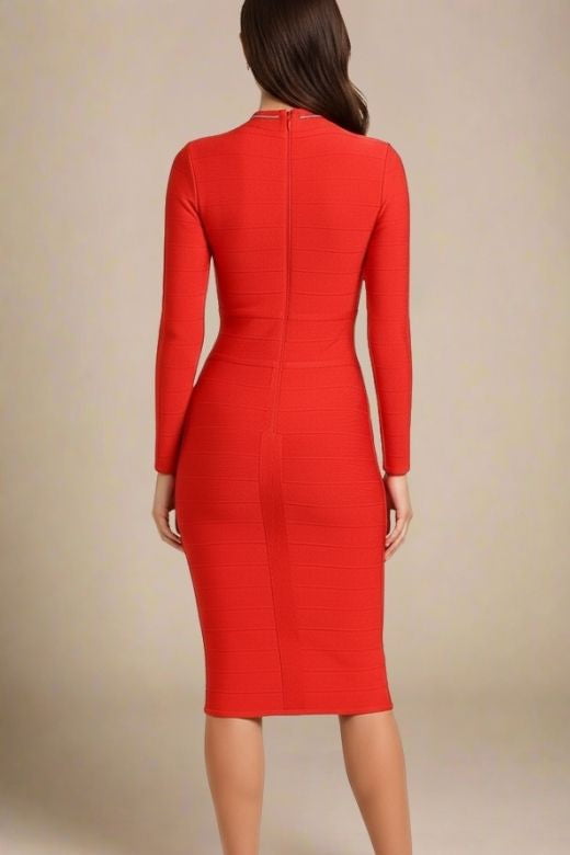 Woman wearing a figure flattering  Brooke Long Sleeve Bandage Dress - Lipstick Red BODYCON COLLECTION