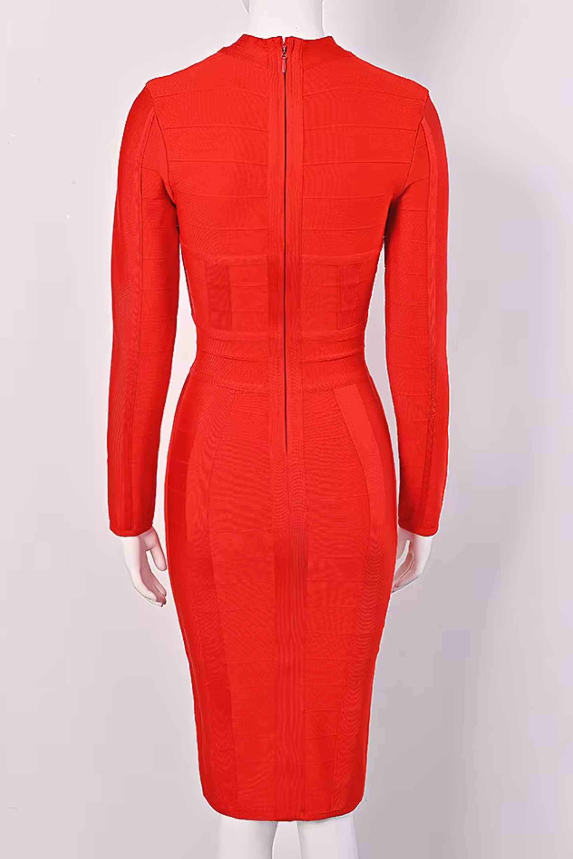 Woman wearing a figure flattering  Brooke Long Sleeve Bandage Dress - Lipstick Red BODYCON COLLECTION