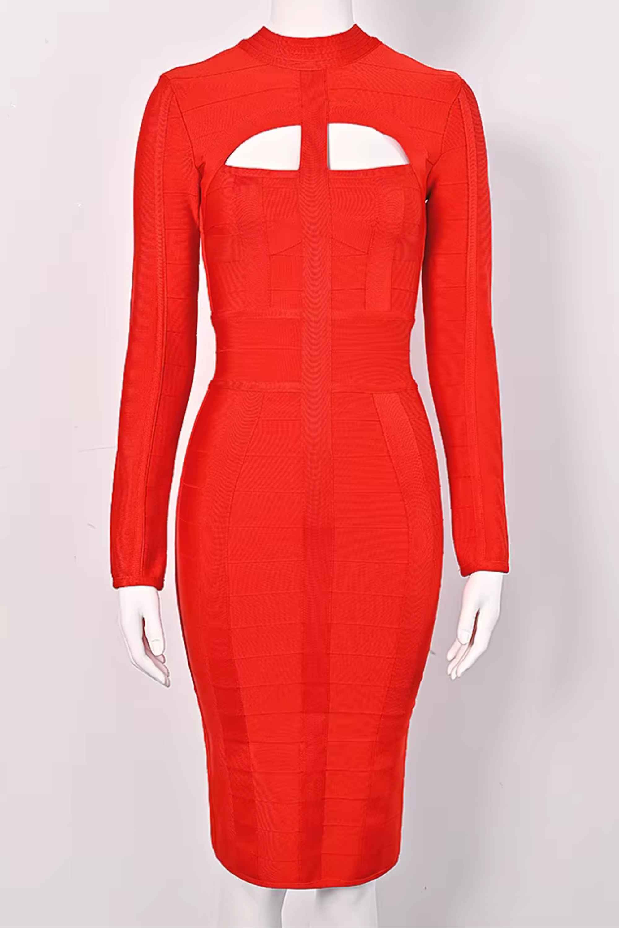 Woman wearing a figure flattering  Brooke Long Sleeve Bandage Dress - Lipstick Red BODYCON COLLECTION