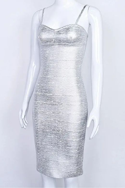 Woman wearing a figure flattering  Camila Bandage Dress - Silver BODYCON COLLECTION Pty Ltd