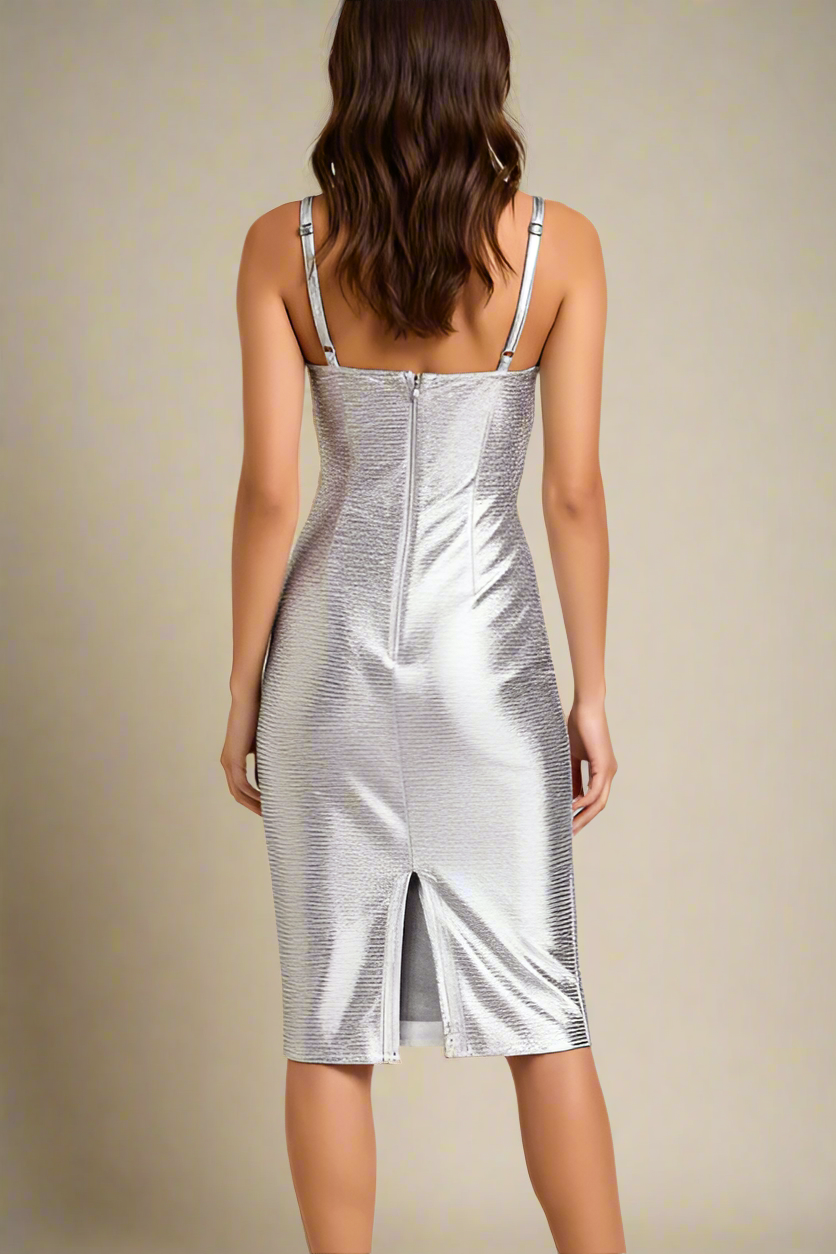 Woman wearing a figure flattering  Camila Bandage Dress - Silver BODYCON COLLECTION Pty Ltd