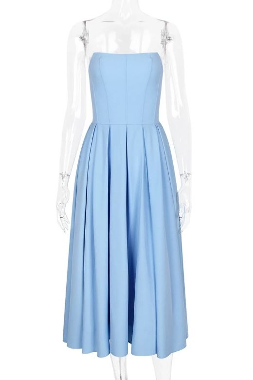 Woman wearing a figure flattering  Capri Strapless Midi Dress - Sky Blue BODYCON COLLECTION