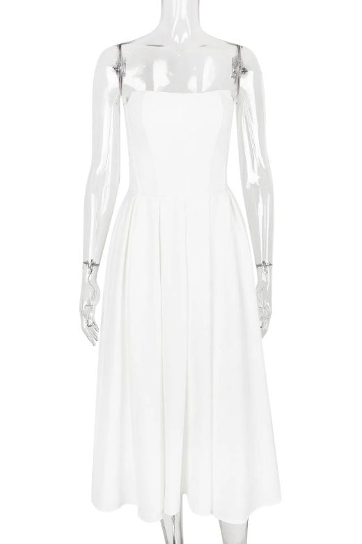 Woman wearing a figure flattering  Capri Strapless Midi Dress - White Pearl BODYCON COLLECTION