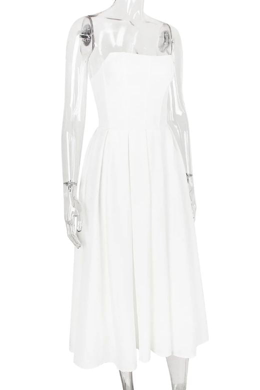 Woman wearing a figure flattering  Capri Strapless Midi Dress - White Pearl BODYCON COLLECTION