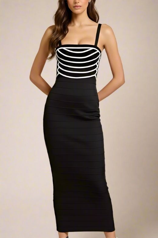 Woman wearing a figure flattering  Carter Bandage Maxi Dress - Classic Black BODYCON COLLECTION Pty Ltd