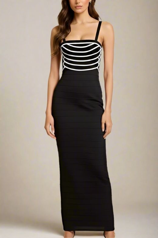 Woman wearing a figure flattering  Carter Bandage Maxi Dress - Classic Black BODYCON COLLECTION Pty Ltd