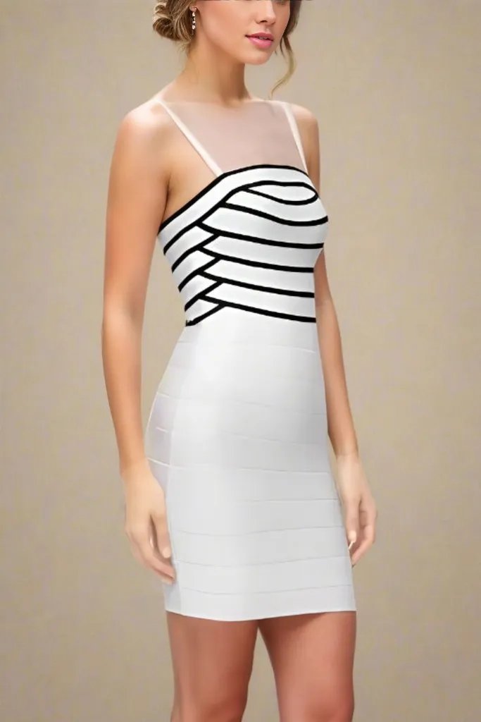 Woman wearing a figure flattering  Carter Bandage Mini Dress - Pearl White BODYCON COLLECTION