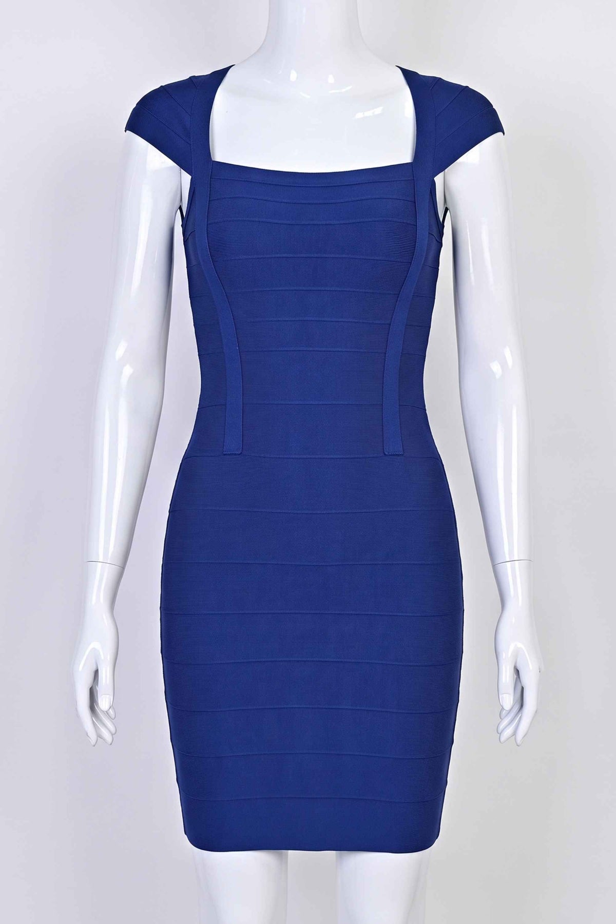 Woman wearing a figure flattering  Celine Bandage Mini Dress - Navy Blue BODYCON COLLECTION Pty Ltd