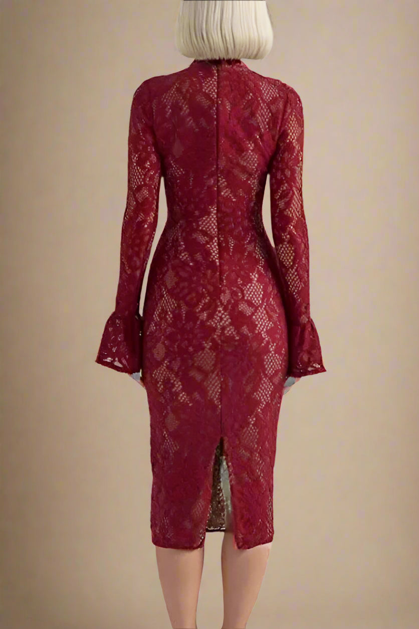 Woman wearing a figure flattering  Charlotte Long Sleeve Bodycon Midi Dress - Chilli Red BODYCON COLLECTION