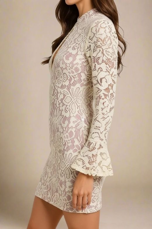 Woman wearing a figure flattering  Charlotte Long Sleeve Bodycon Mini Dress - Cream BODYCON COLLECTION