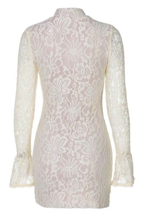 Woman wearing a figure flattering  Charlotte Long Sleeve Bodycon Mini Dress - Cream BODYCON COLLECTION