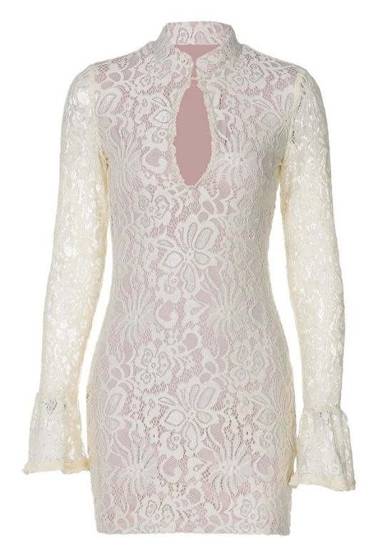 Woman wearing a figure flattering  Charlotte Long Sleeve Bodycon Mini Dress - Cream BODYCON COLLECTION