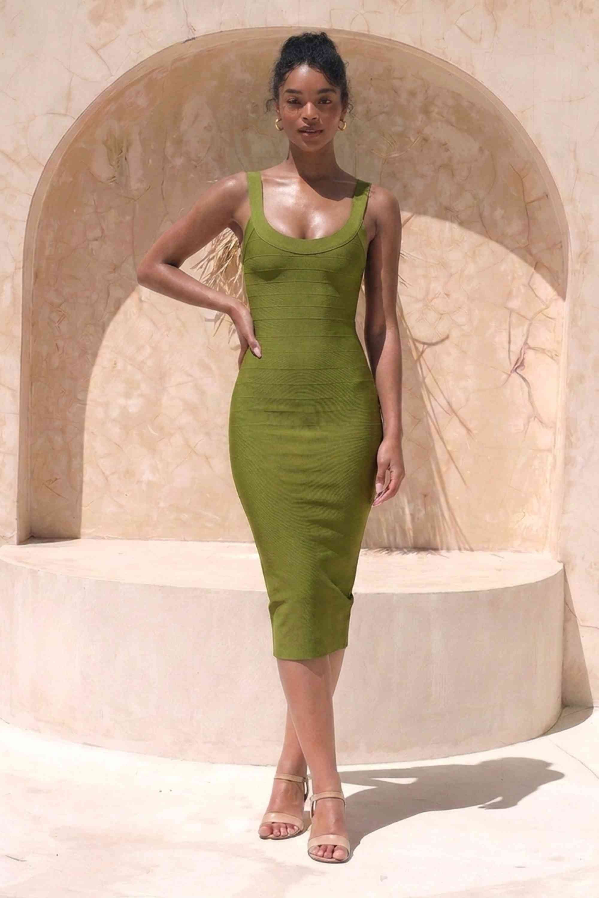 Woman wearing a figure flattering  Cindy Bandage Midi Dress - Army Green BODYCON COLLECTION Pty Ltd